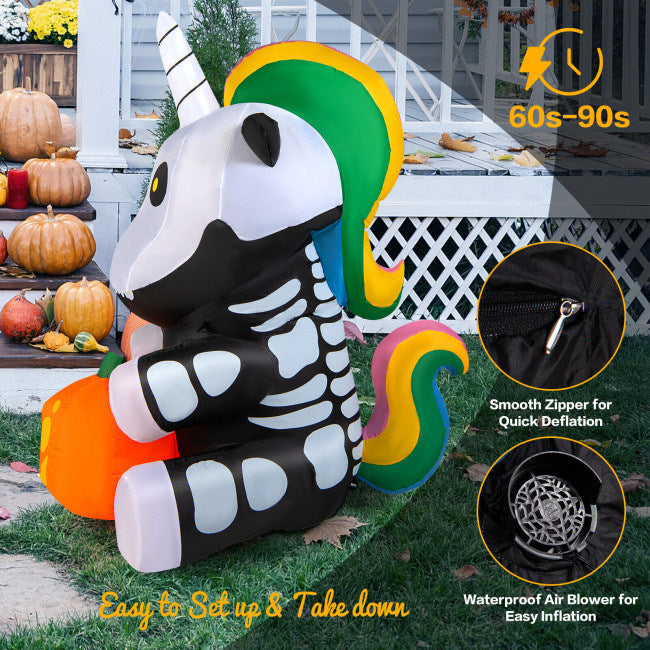 5' Feet Halloween Inflatable Unicorn Skeleton with Pumpkin Lantern