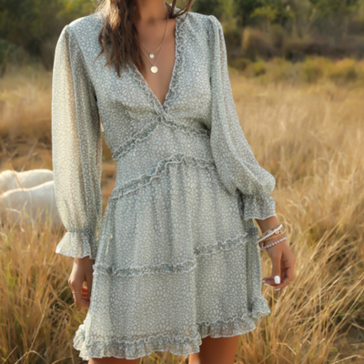 V-Neck Chiffon Ruffle Dress