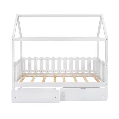 Twin Size House Bed with drawers and Fence-shaped Guardrail