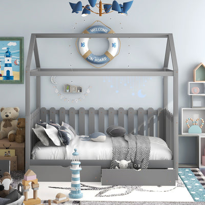 Twin Size House Bed with drawers and Fence-shaped Guardrail