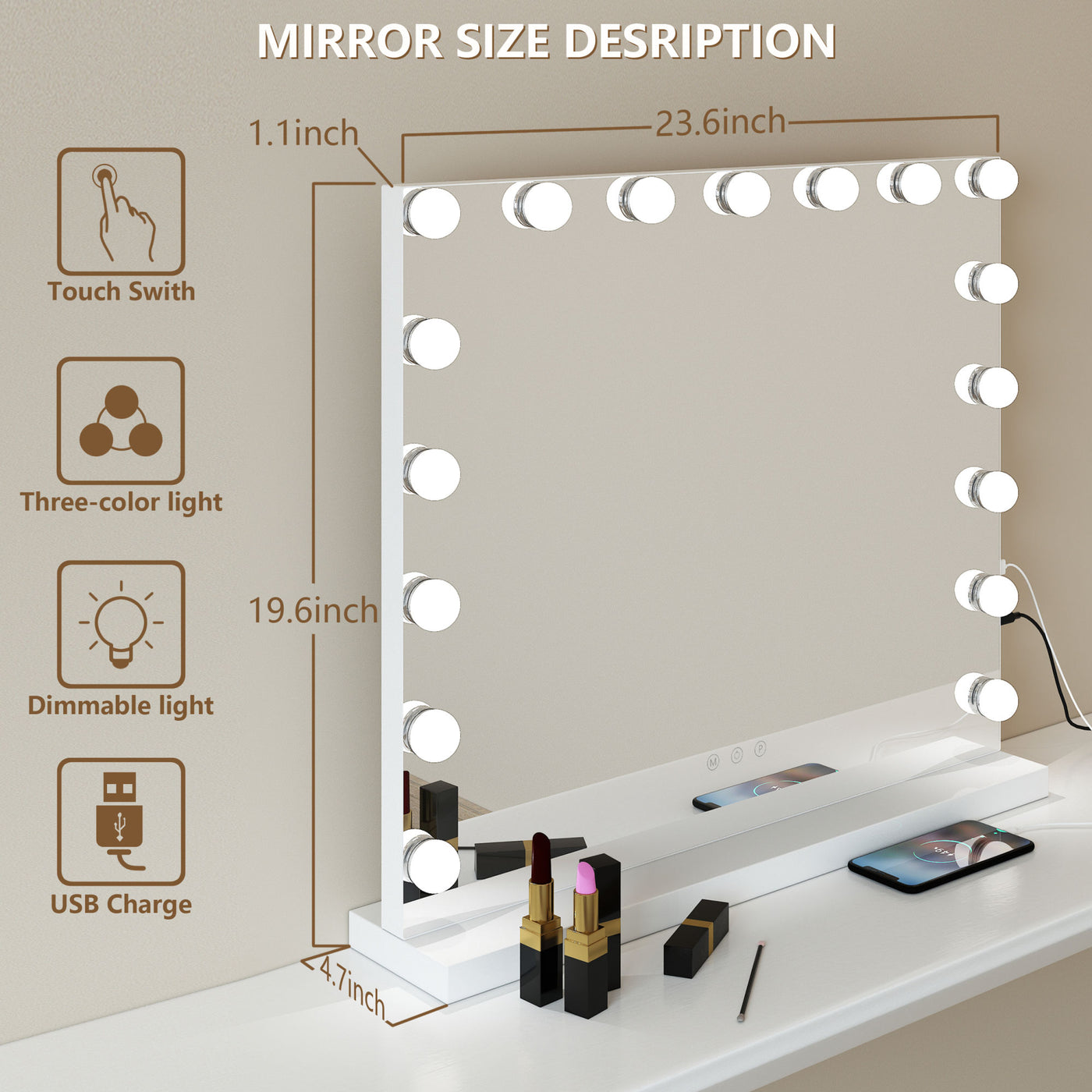 Touch Screen Hollywood Make-Up Vanity Mirror with 17 LED Lights