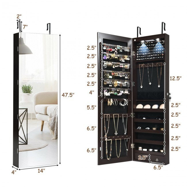 Wall and Door Mounted Mirrored Jewelry Cabinet with Lights