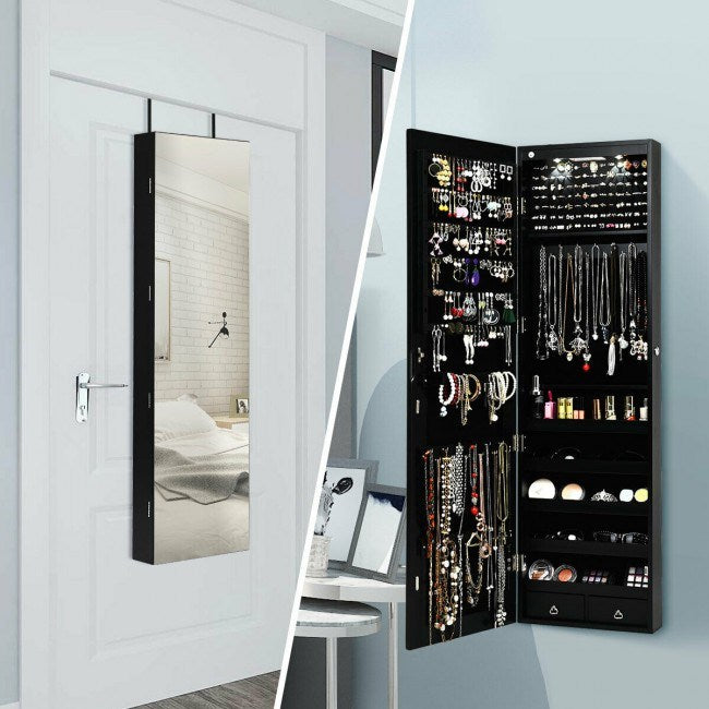 Wall and Door Mounted Mirrored Jewelry Cabinet with Lights