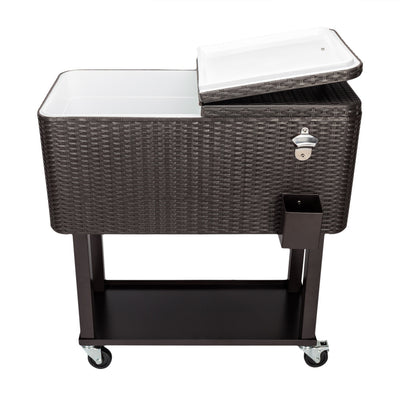 80 QT Rattan Square Legs Cooler with Shelf on Wheels